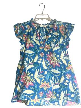 Stark X Blue Floral Print V-Neck Flutter Sleeve Top Sz S